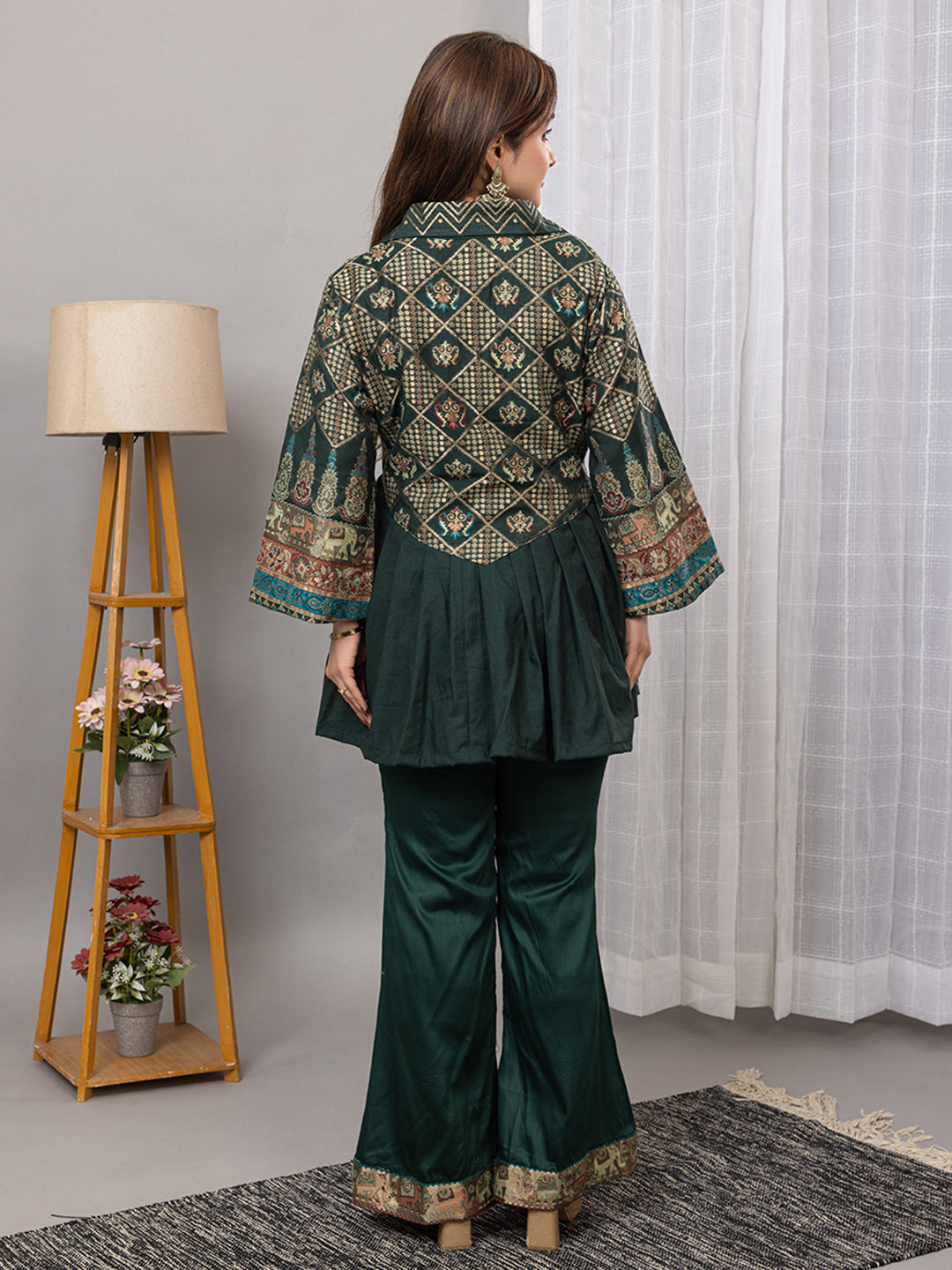 Elegant Bottle Green Cotton Silk Jacquard Peplum Set by Kidar