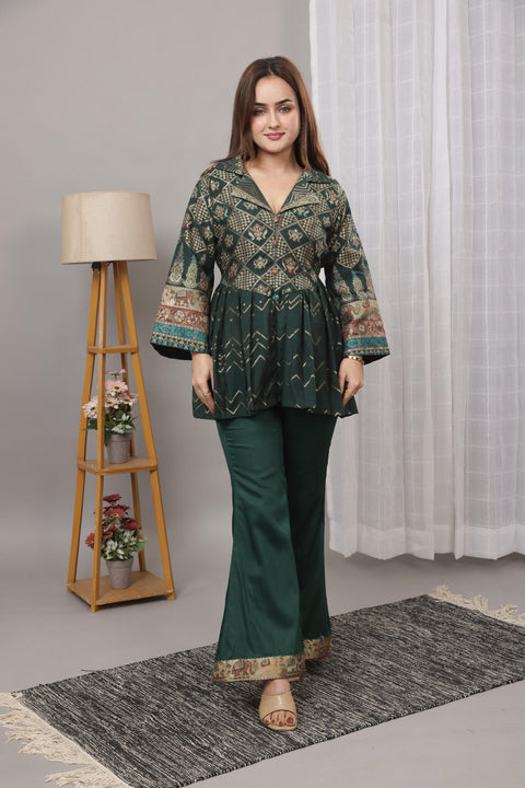 Elegant Bottle Green Cotton Silk Jacquard Peplum Set by Kidar