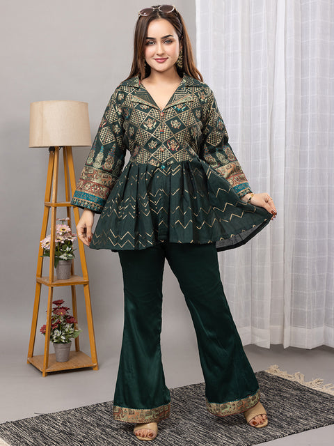 Elegant Bottle Green Cotton Silk Jacquard Peplum Set by Kidar