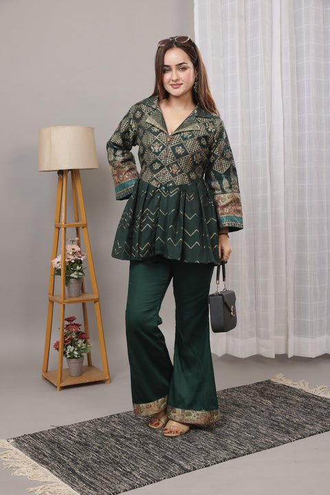 Elegant Bottle Green Cotton Silk Jacquard Peplum Set by Kidar