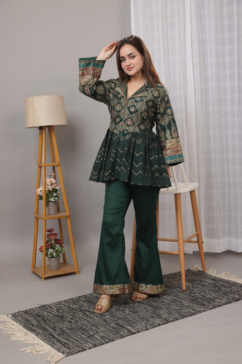 Elegant Bottle Green Cotton Silk Jacquard Peplum Set by Kidar