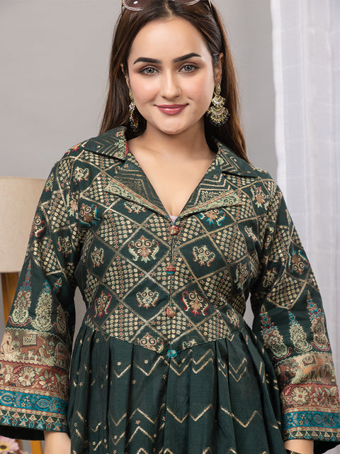 Elegant Bottle Green Cotton Silk Jacquard Peplum Set by Kidar