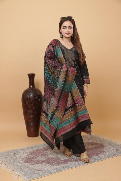 Kidar Elegant Black Weave Pant Suit with Threadwork - Black