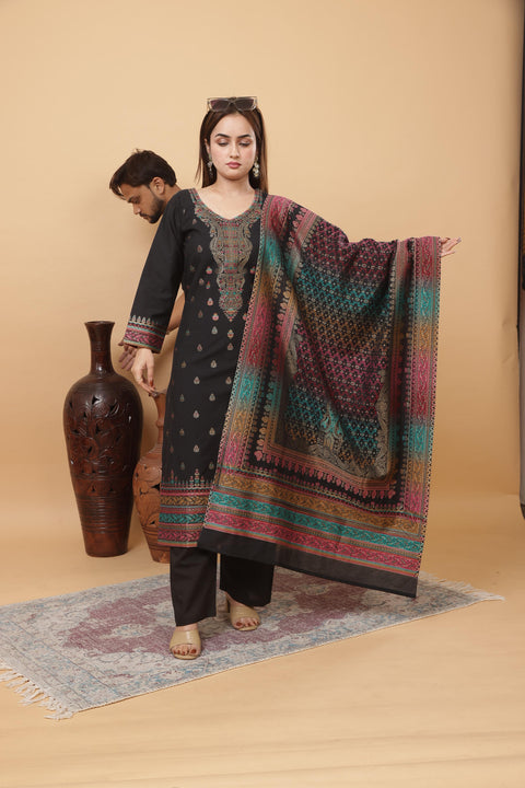 Kidar Elegant Black Weave Pant Suit with Threadwork - Black