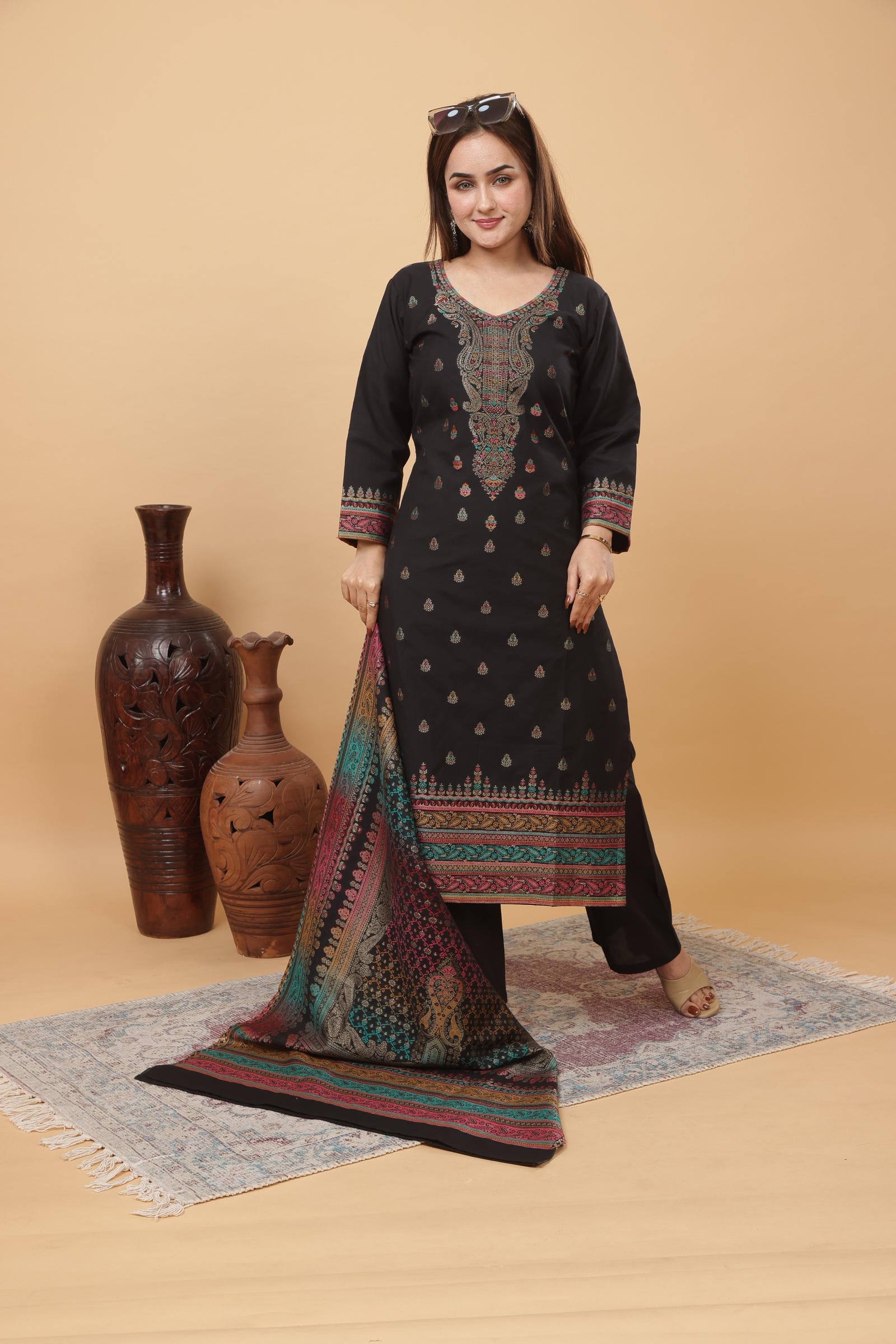 Kidar Elegant Black Printed Pant Suit with Threadwork - Black