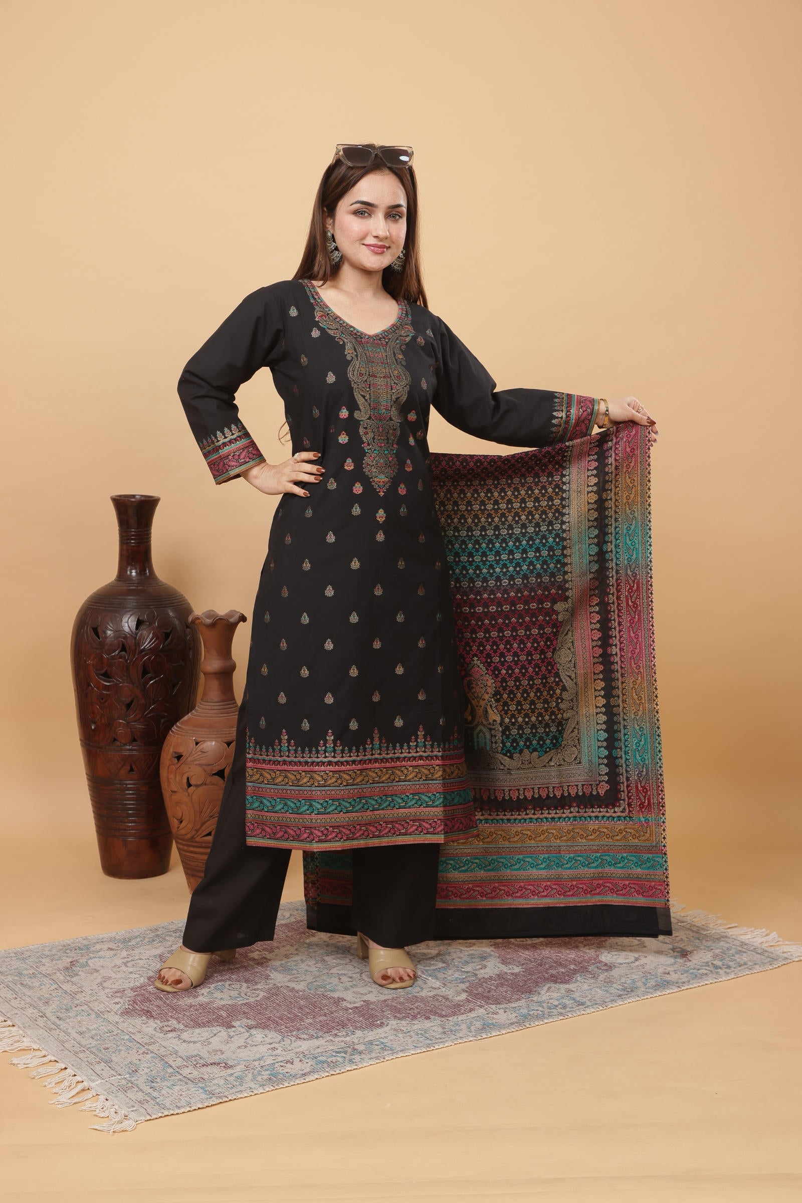 Kidar Elegant Black Printed Pant Suit with Threadwork - Black