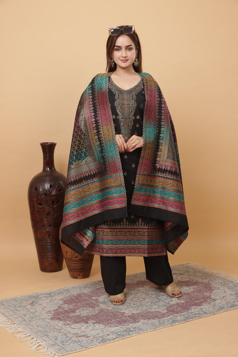 Kidar Elegant Black Weave Pant Suit with Threadwork - Black