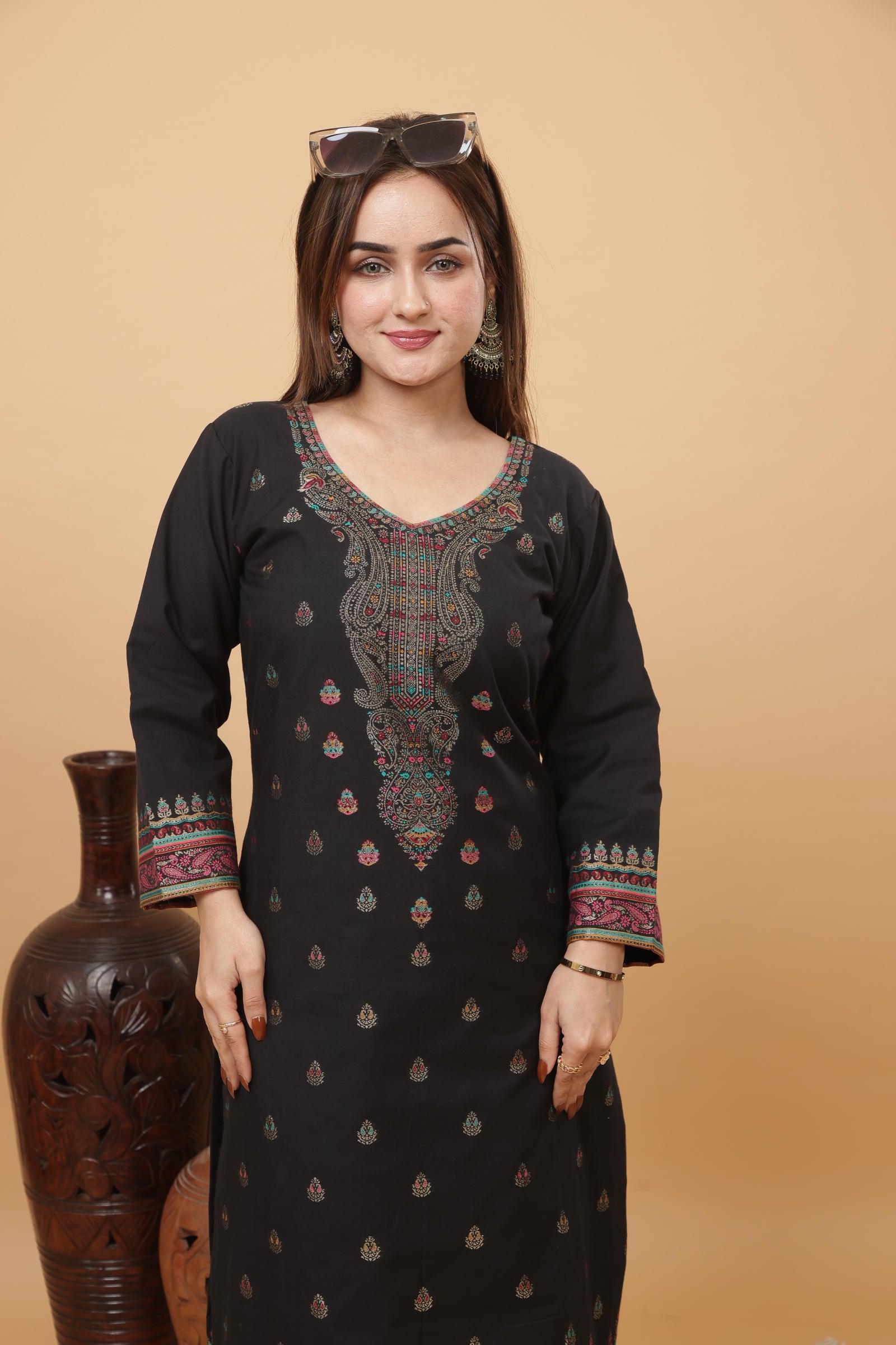 Kidar Elegant Black Printed Pant Suit with Threadwork - Black