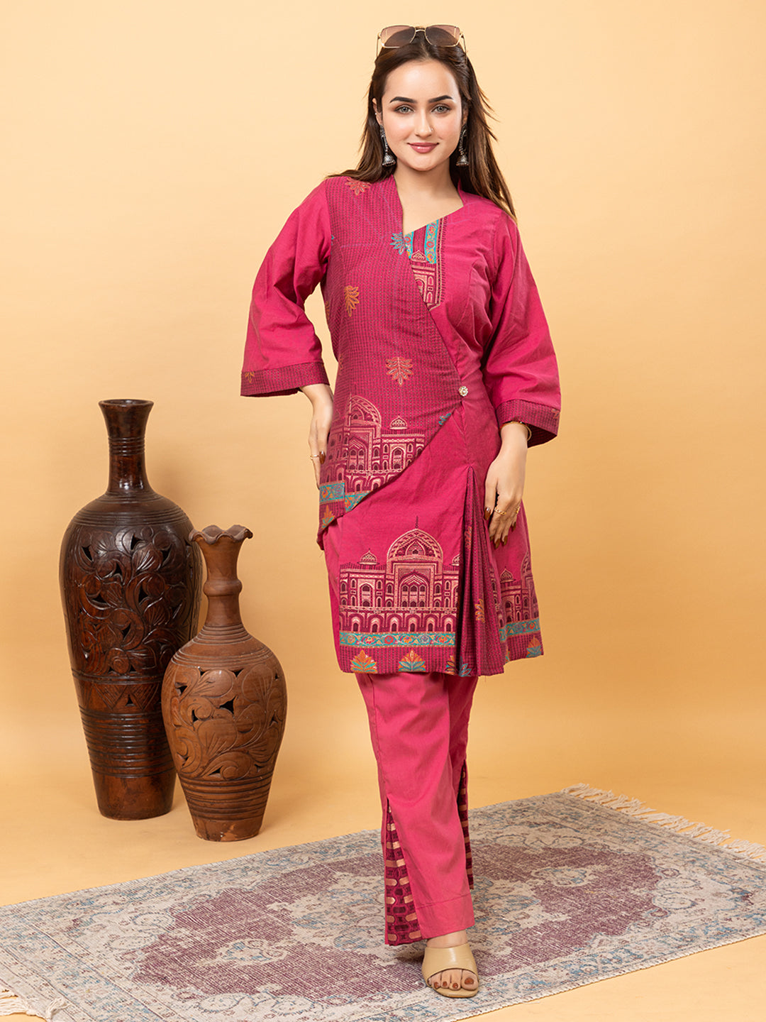 Kidar Magenta Cotton Silk Pleated Co-ord Set with Palazzo Pants.