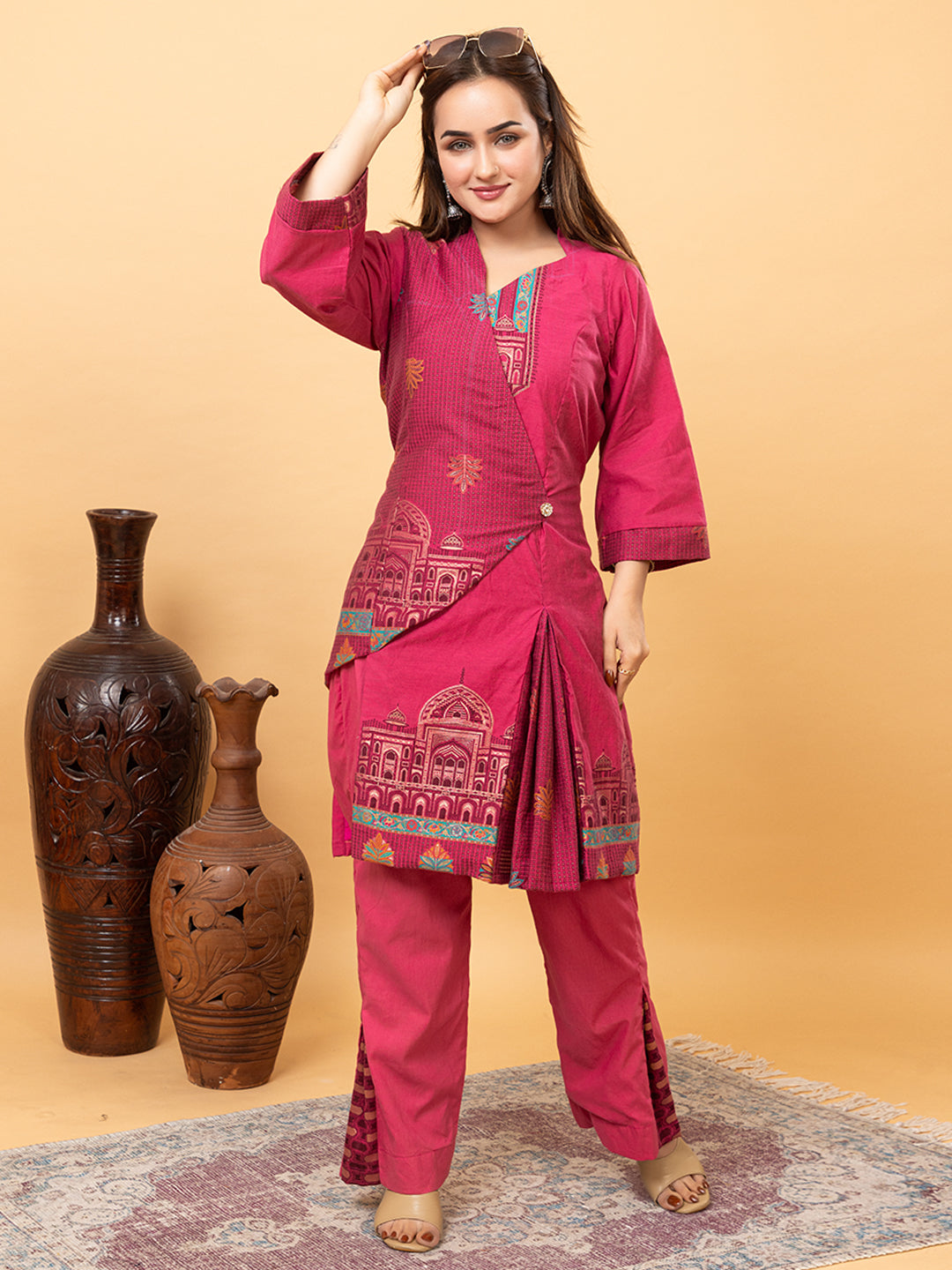 Kidar Magenta Cotton Silk Pleated Co-ord Set with Palazzo Pants.