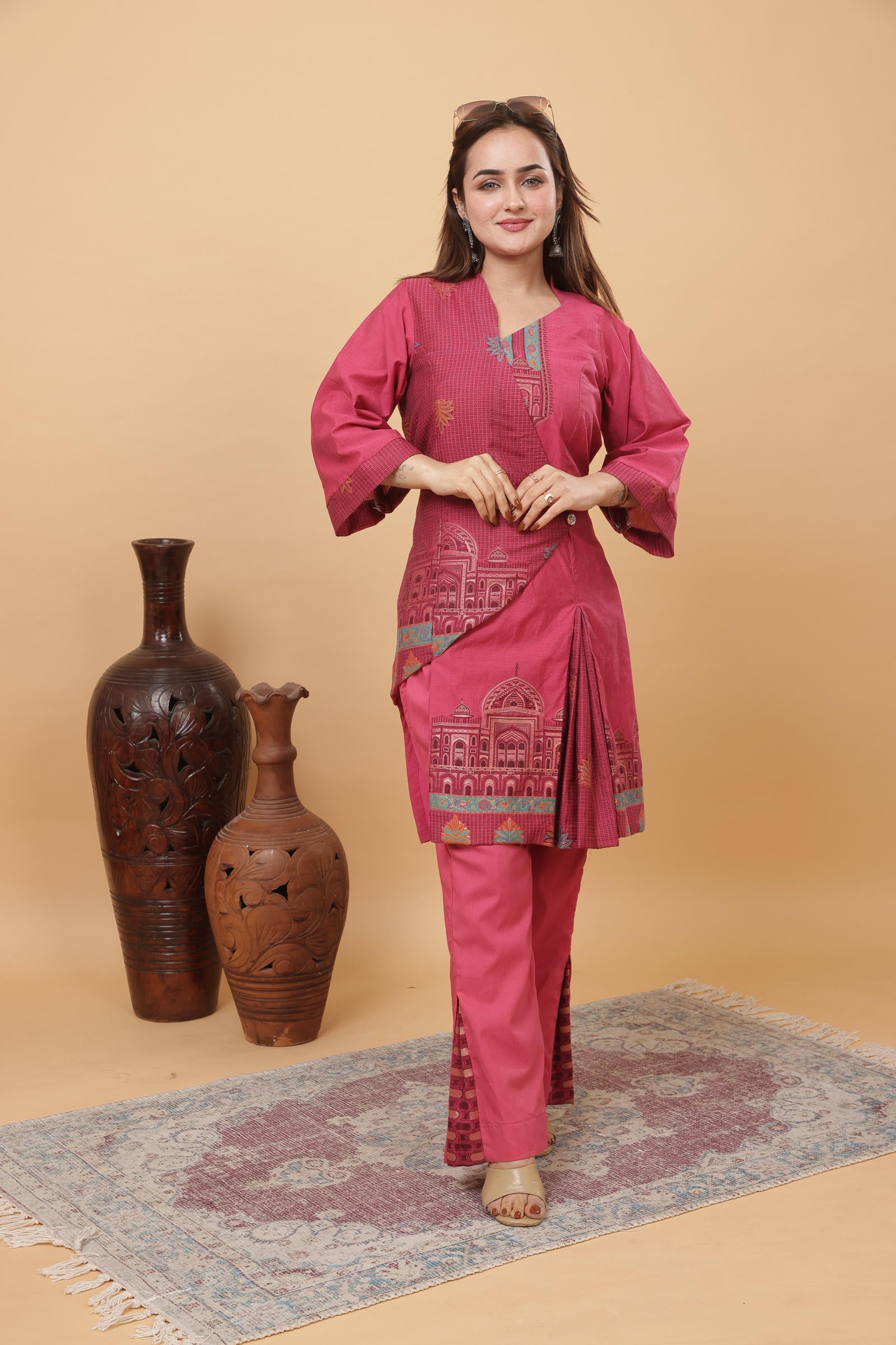 Kidar Magenta Cotton Silk Pleated Co-ord Set with Palazzo Pants.