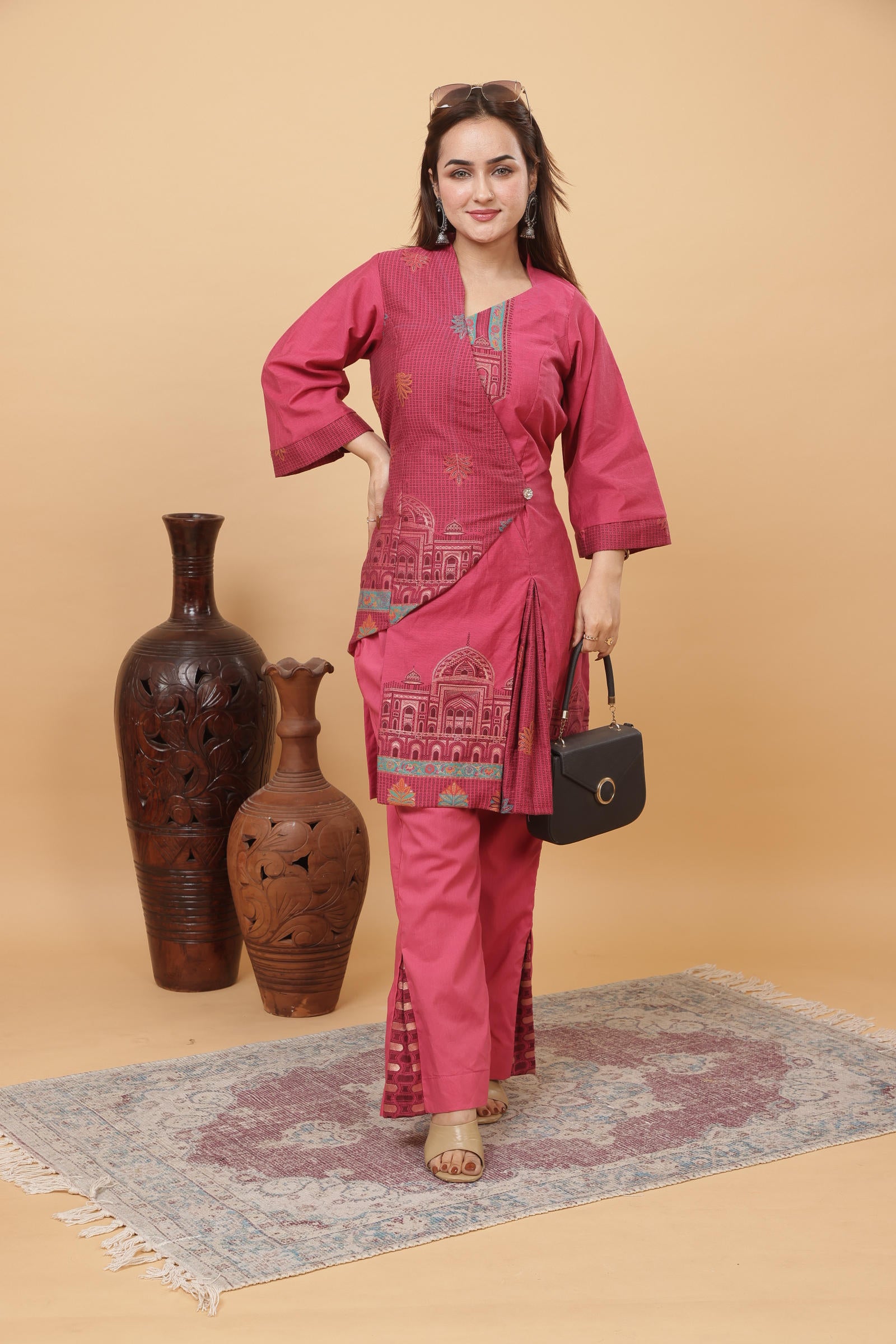 Kidar Magenta Cotton Silk Pleated Co-ord Set with Palazzo Pants.