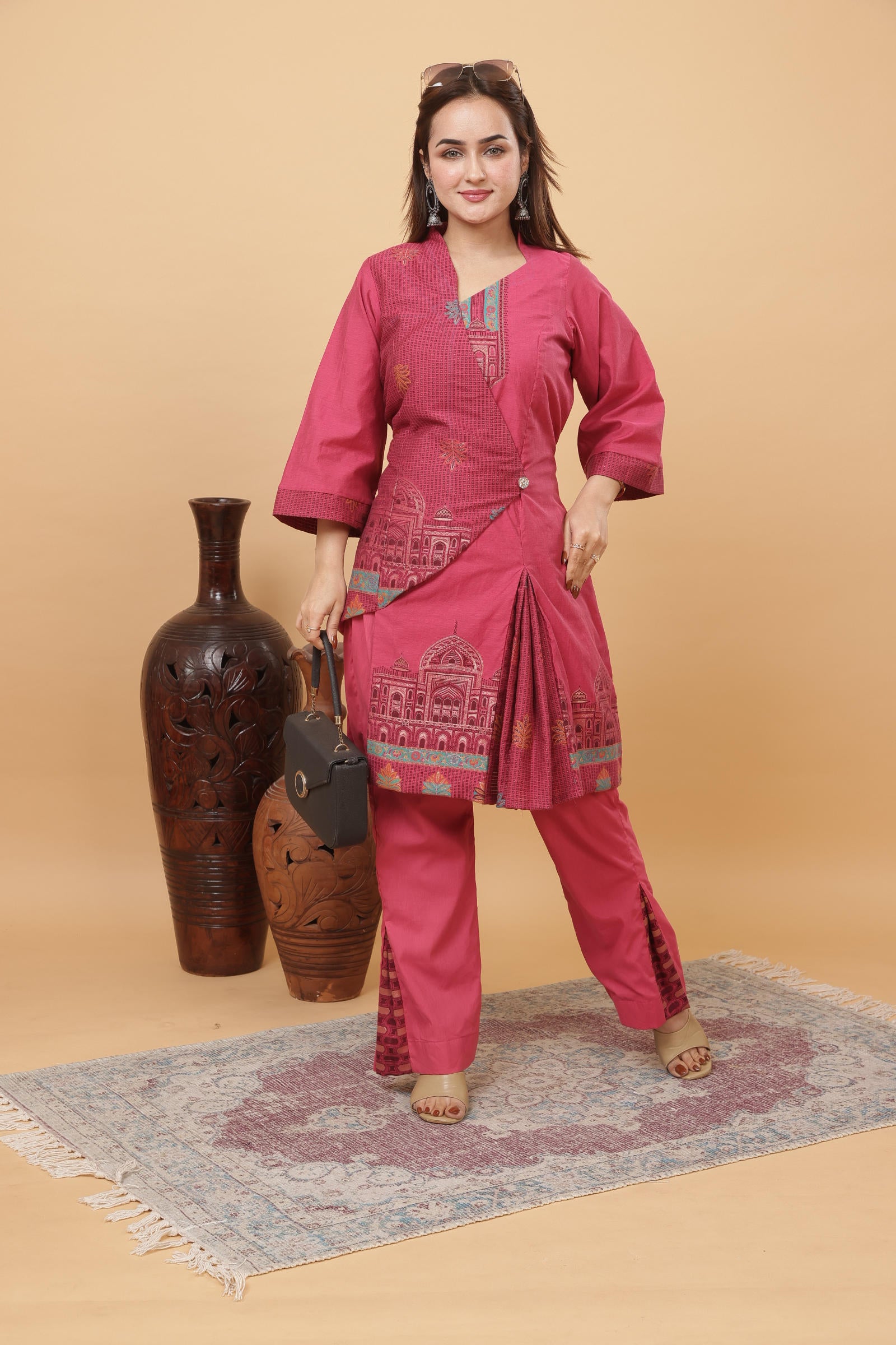 Kidar Magenta Cotton Silk Pleated Co-ord Set with Palazzo Pants.