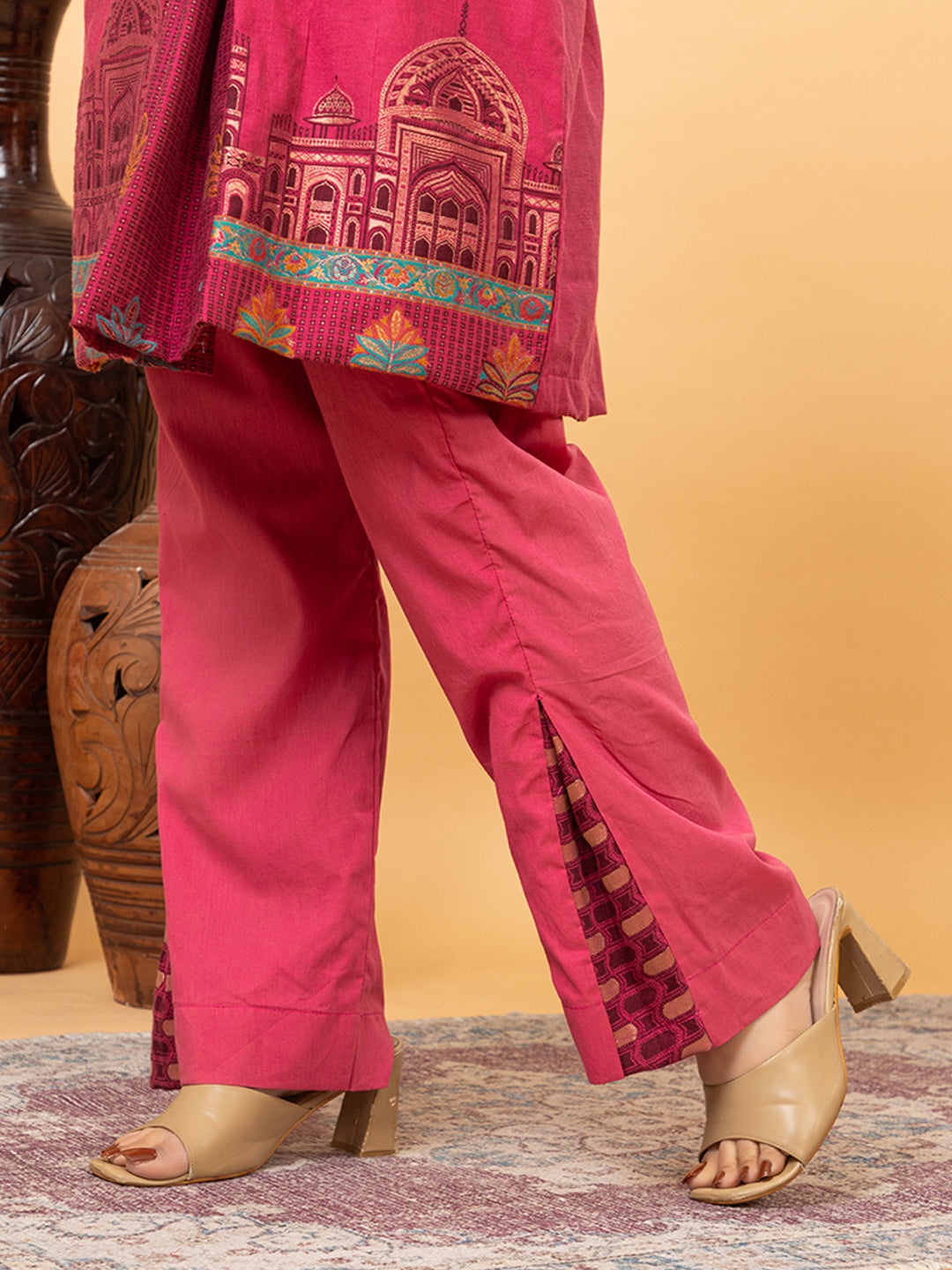 Kidar Magenta Cotton Silk Pleated Co-ord Set with Palazzo Pants.