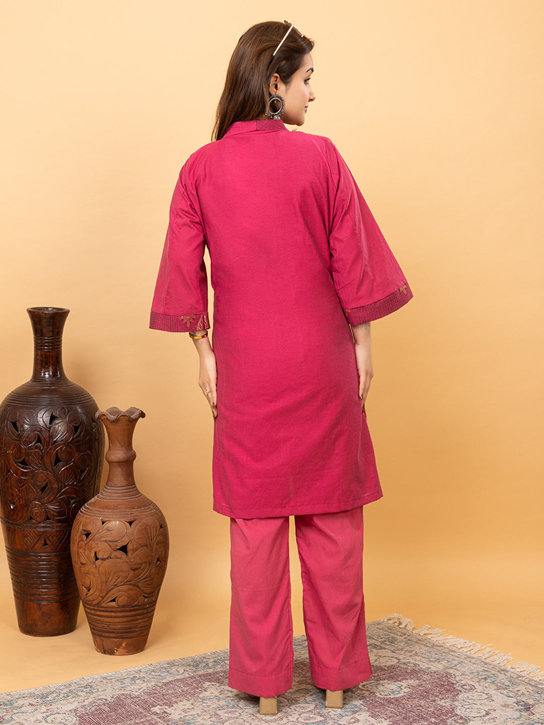 Kidar Magenta Cotton Silk Pleated Co-ord Set with Palazzo Pants.