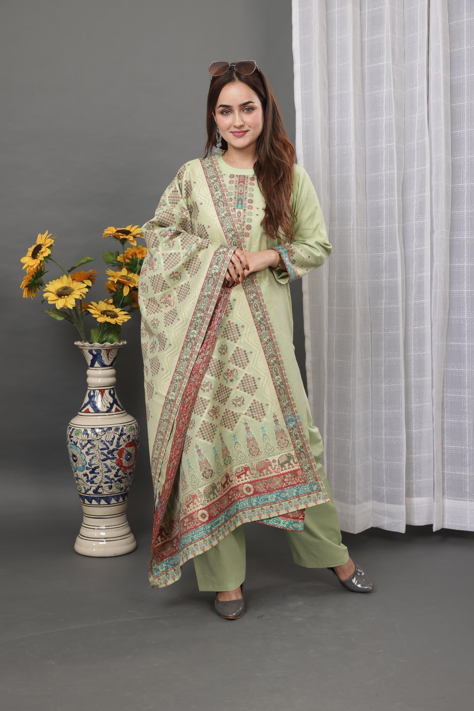 Kidar Ethnic Printed & Embordered Straight Kurta with Pant & Dupatta - Pista