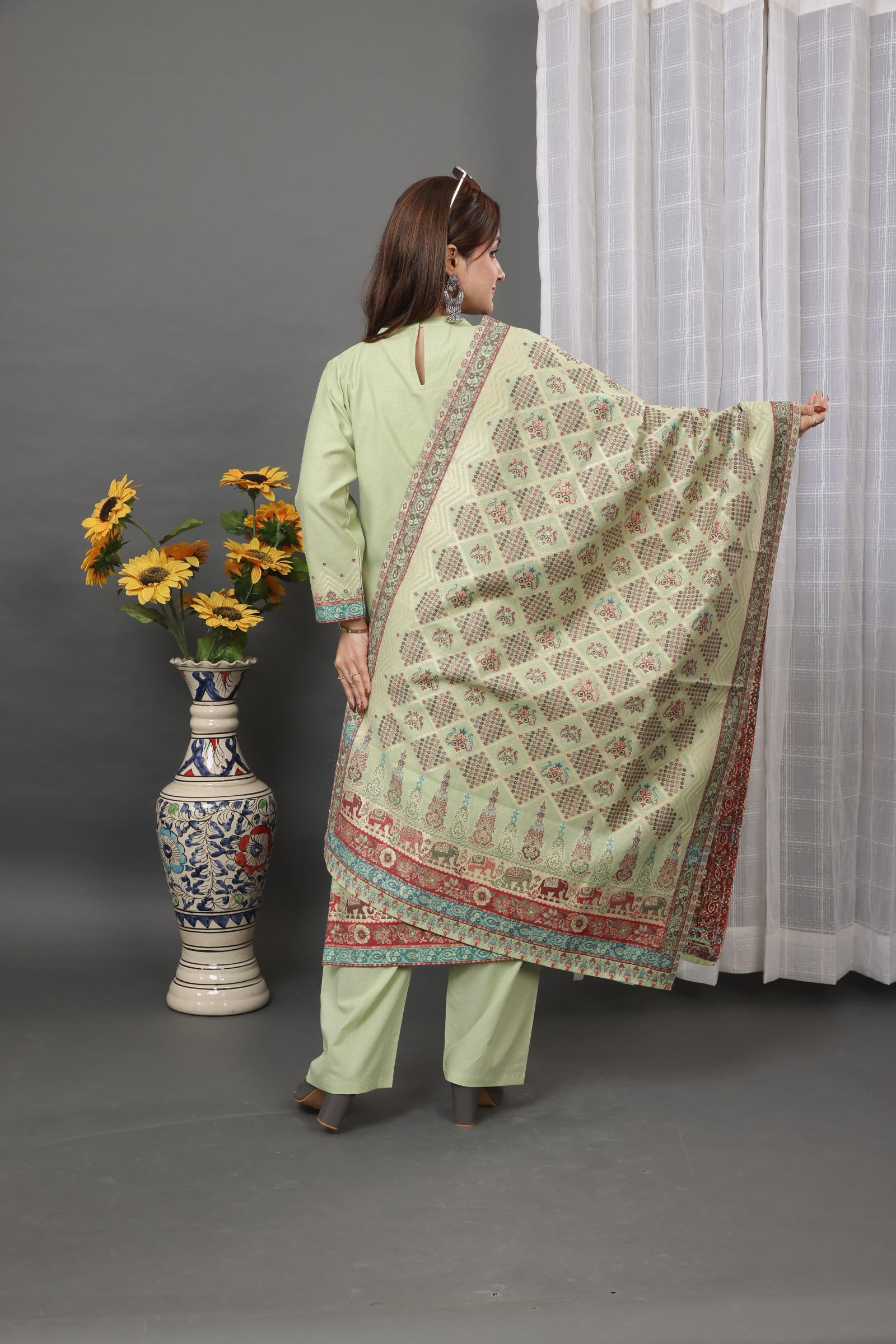 Kidar Ethnic Printed & Embordered Straight Kurta with Pant & Dupatta - Pista