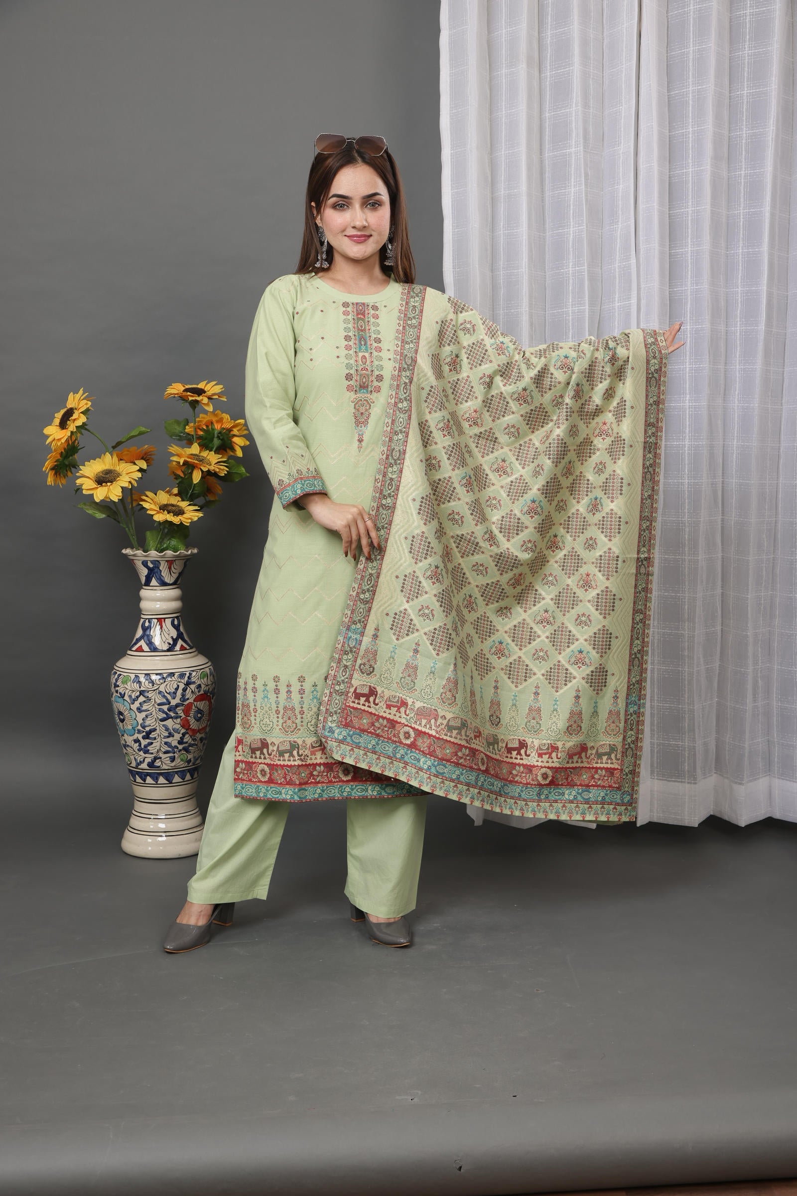 Kidar Ethnic Printed & Embordered Straight Kurta with Pant & Dupatta - Pista