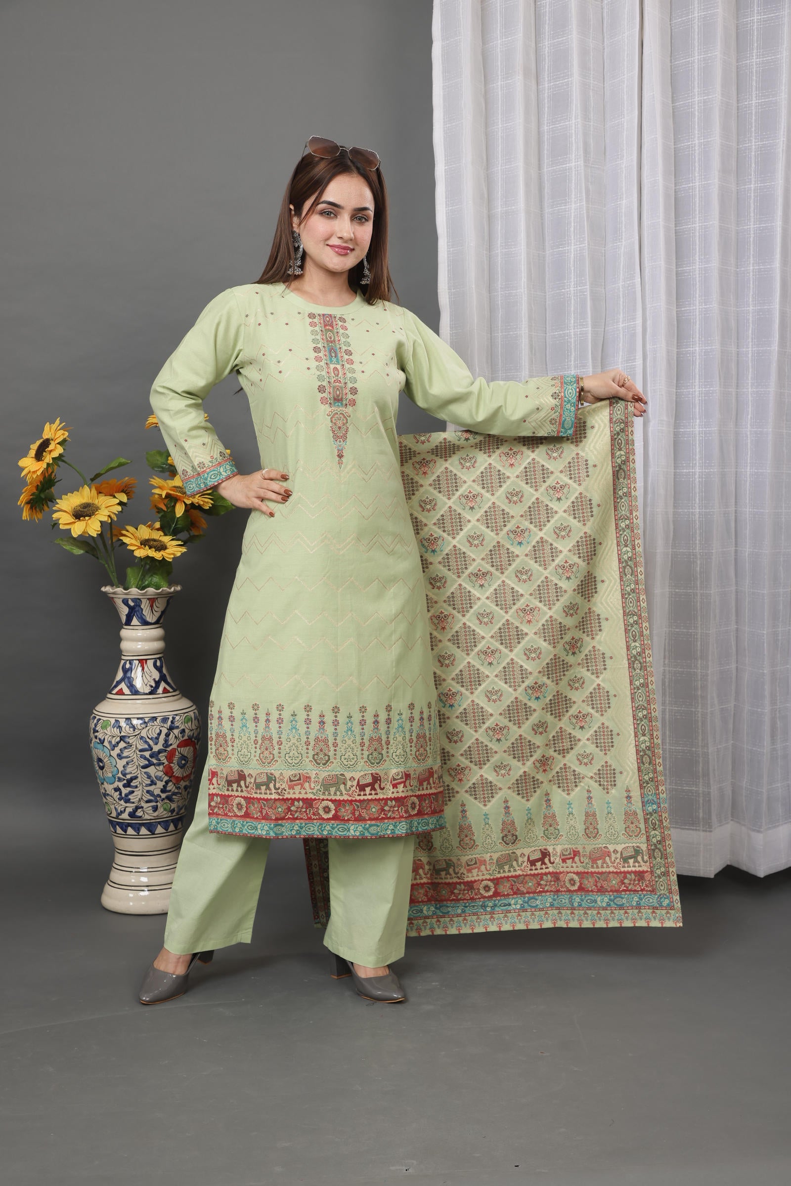 Kidar Ethnic Printed & Embordered Straight Kurta with Pant & Dupatta - Pista