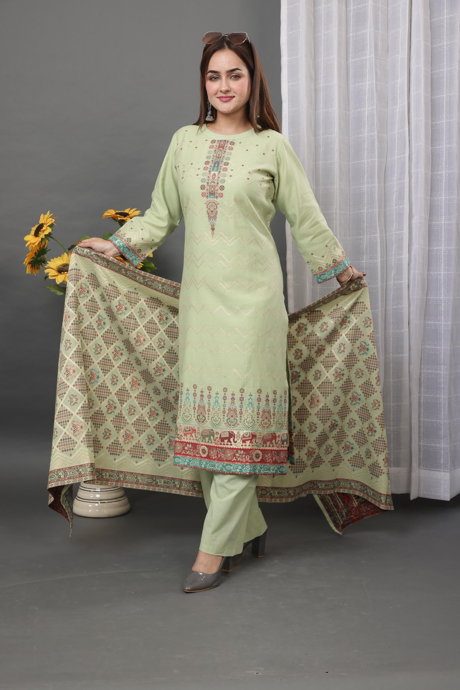 Kidar Ethnic Printed & Embordered Straight Kurta with Pant & Dupatta - Pista