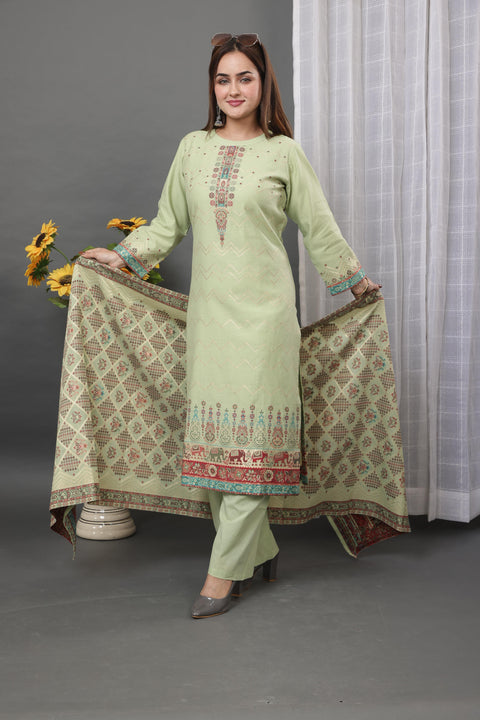 Kidar Ethnic Weave & Embordered Straight Kurta with Pant & Dupatta - Pista