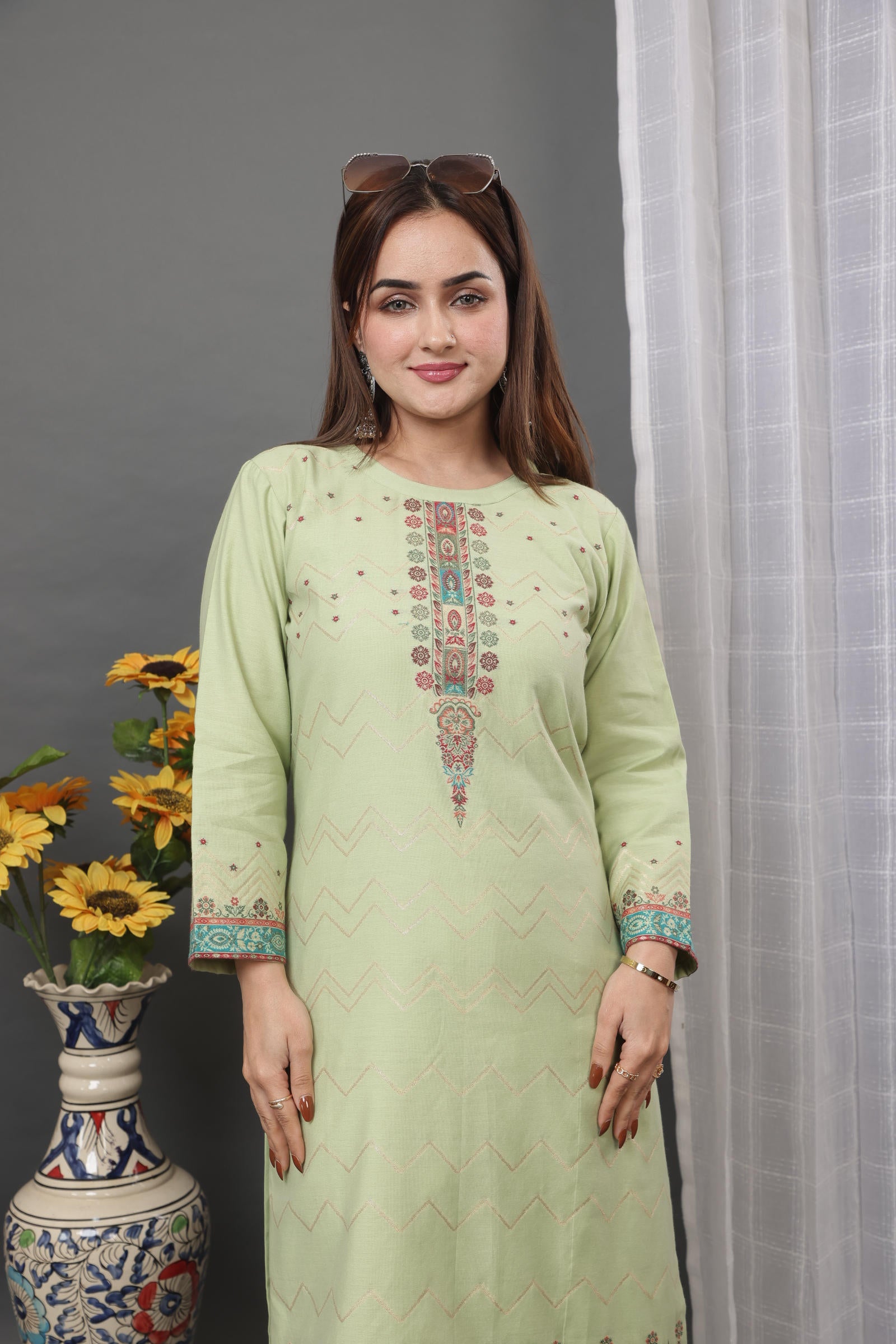 Kidar Ethnic Printed & Embordered Straight Kurta with Pant & Dupatta - Pista