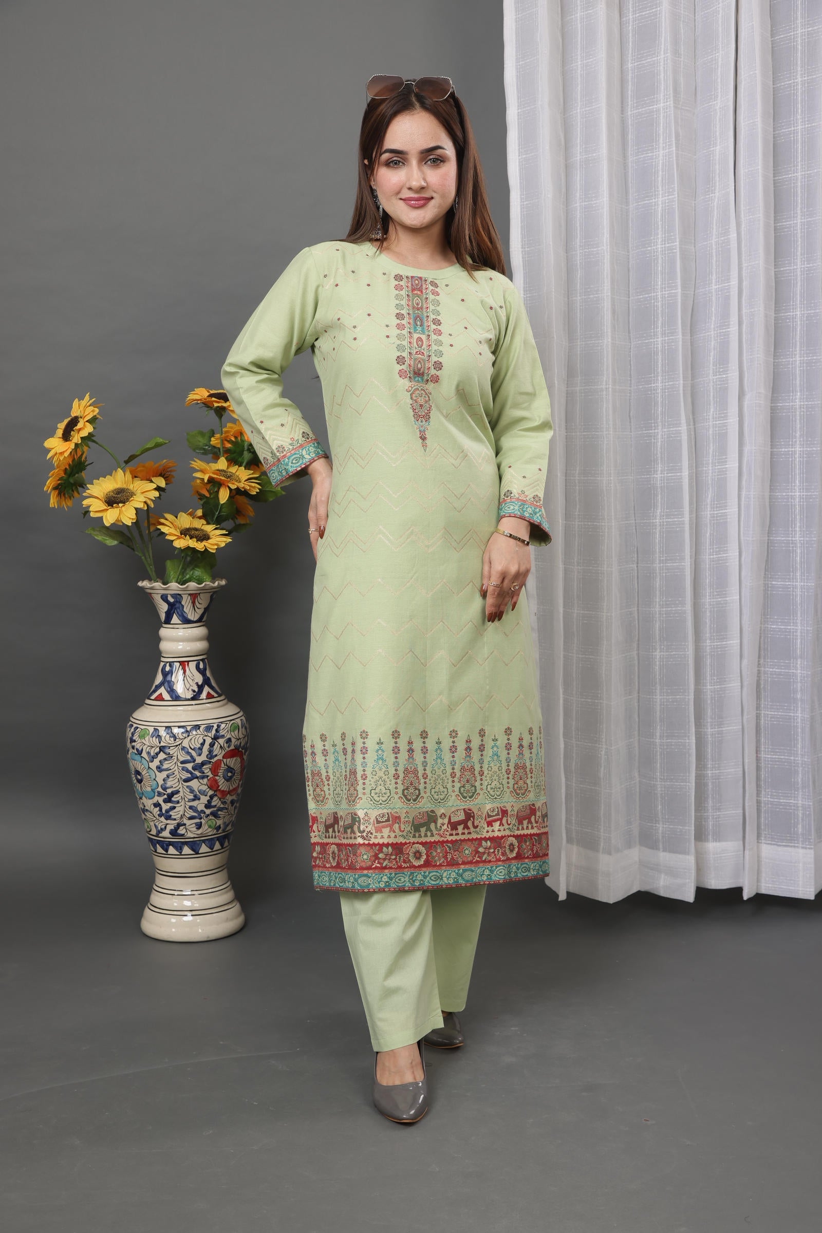 Kidar Ethnic Printed & Embordered Straight Kurta with Pant & Dupatta - Pista