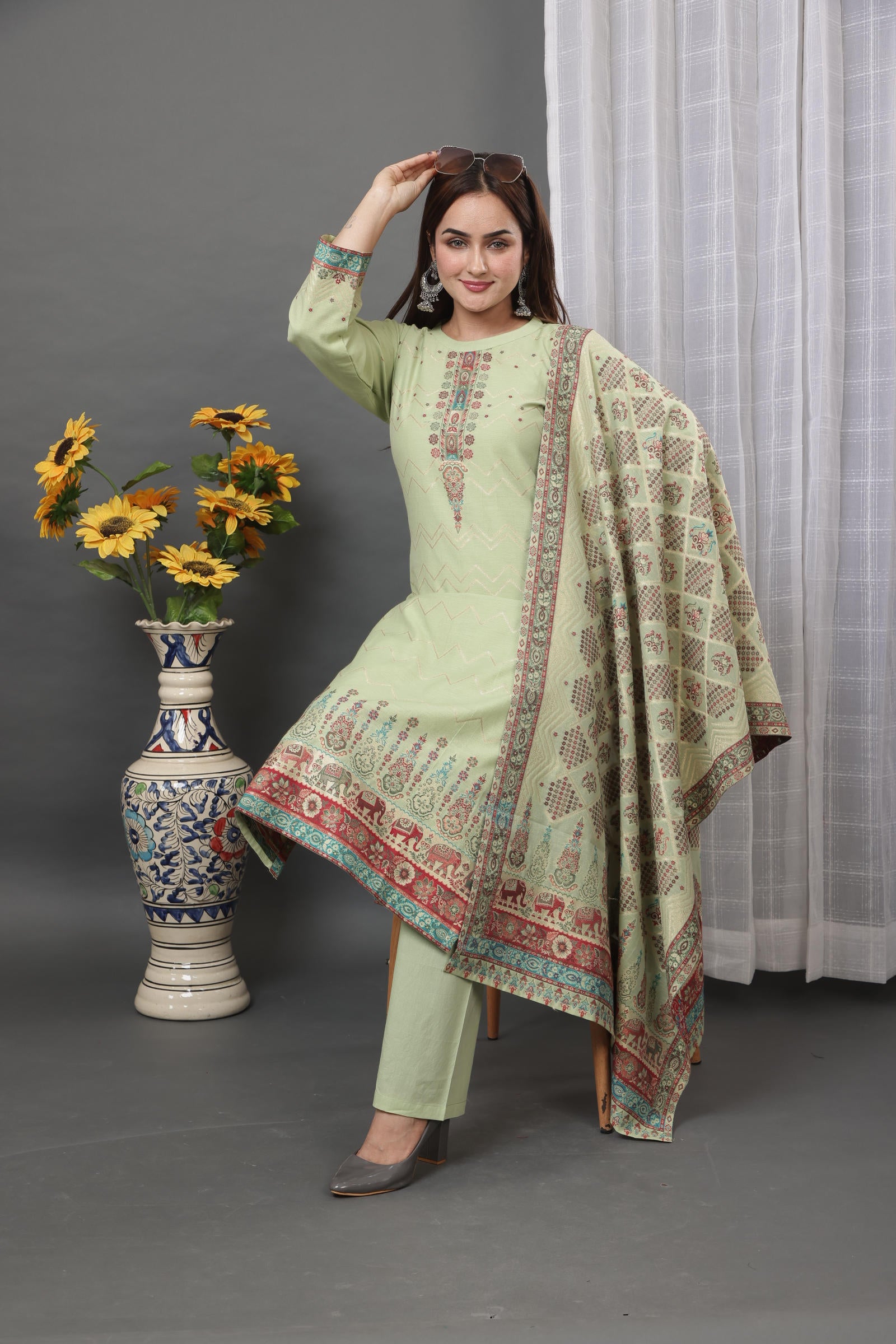 Kidar Ethnic Printed & Embordered Straight Kurta with Pant & Dupatta - Pista