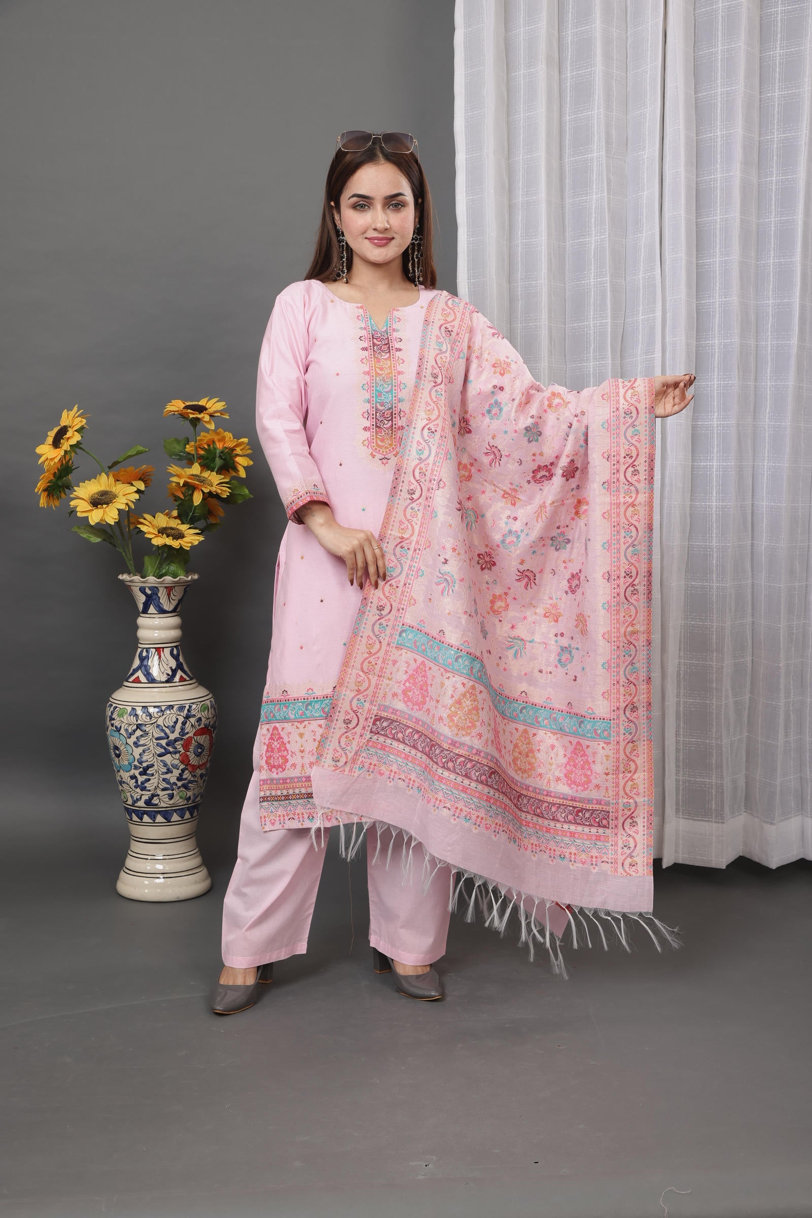 Kidar Pink Cotton Silk Pant Suit with Printed Dupatta