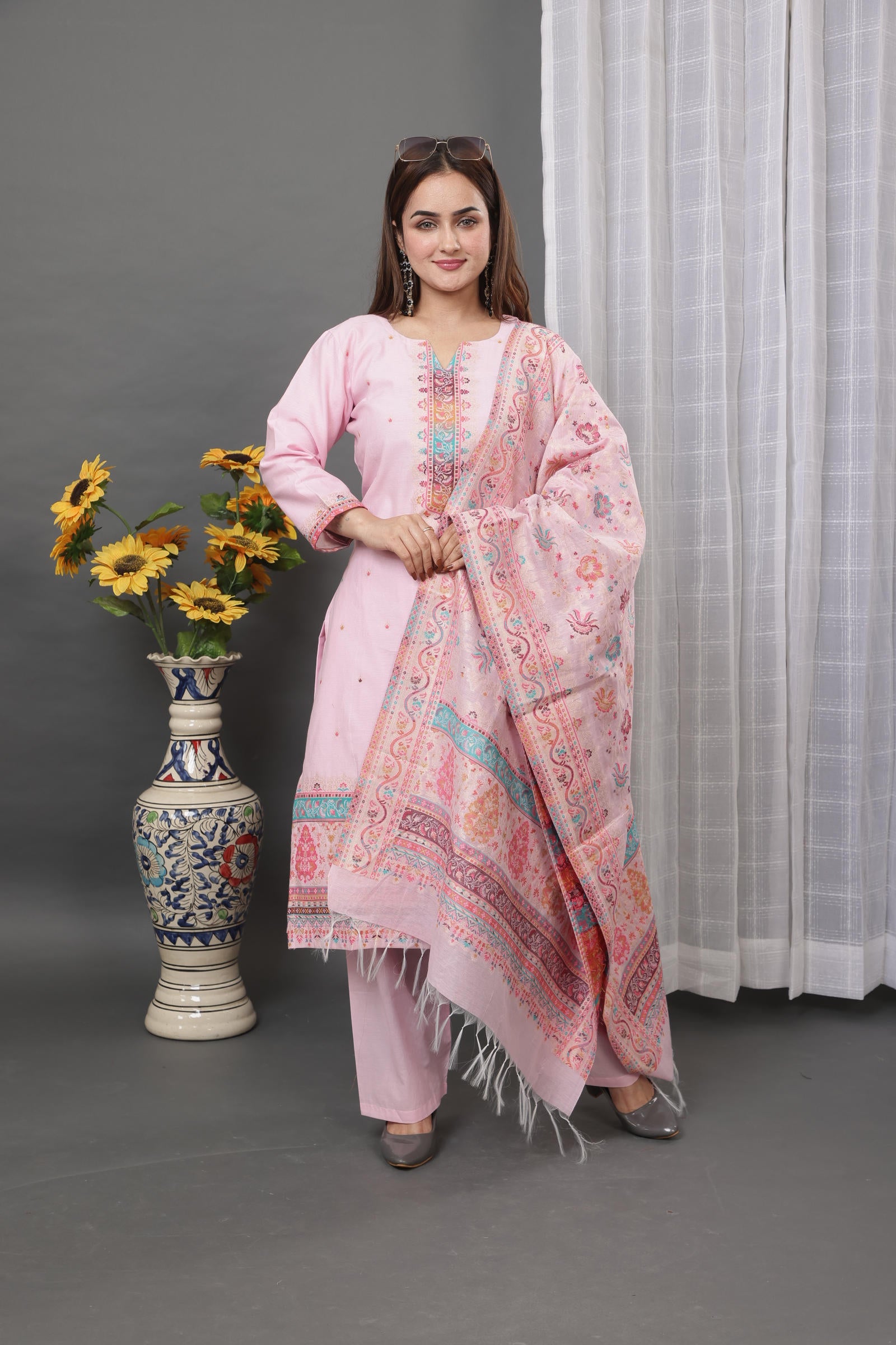 Kidar Pink Cotton Silk Pant Suit with Printed Dupatta