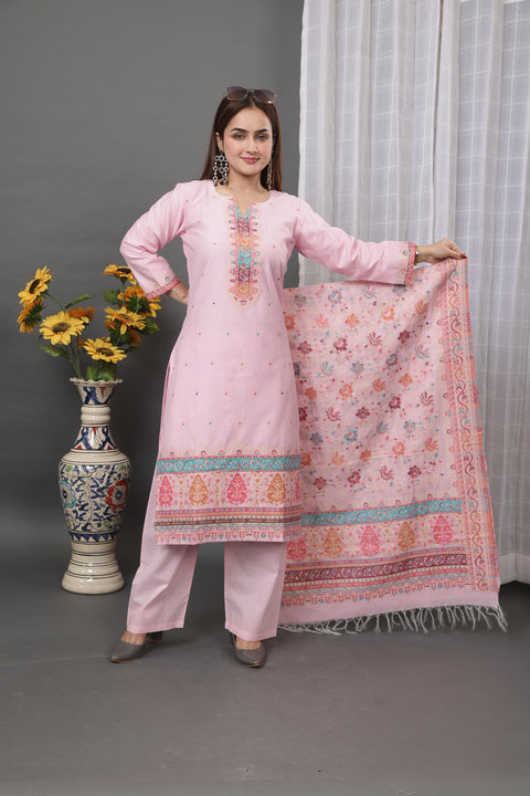 Kidar Pink Cotton Silk Pant Suit with Weave Dupatta