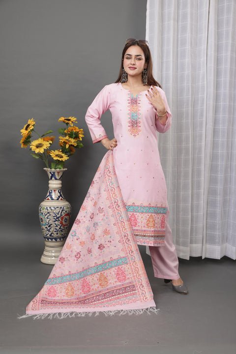 Kidar Pink Cotton Silk Pant Suit with Weave Dupatta