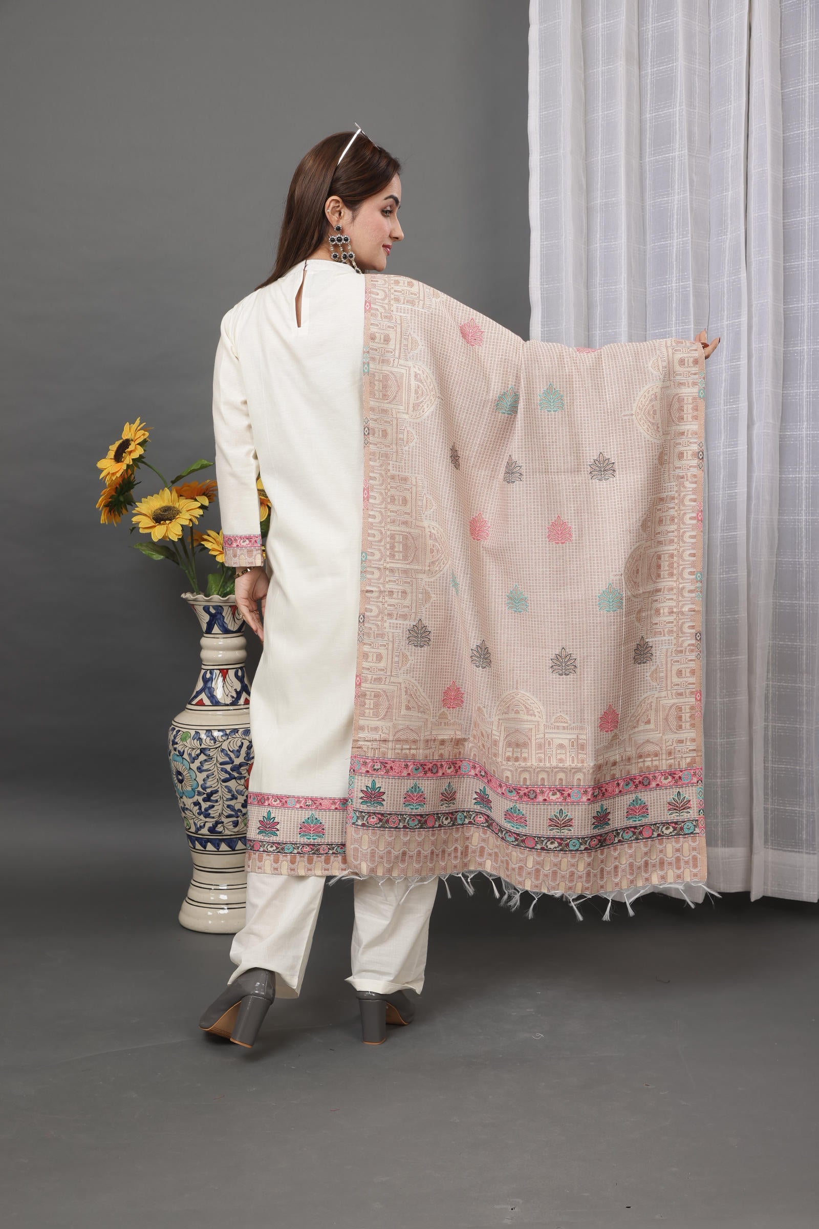 Kidar Ethnic Printed & Embordered Straight Kurta with Pant & Dupatta - WHITE