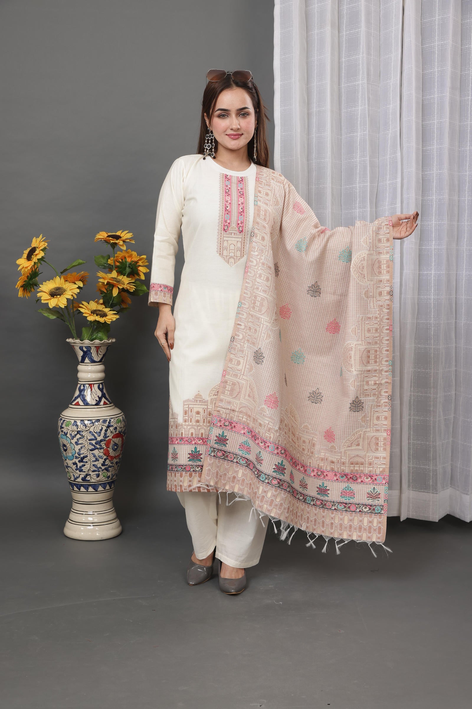 Kidar Ethnic Printed & Embordered Straight Kurta with Pant & Dupatta - WHITE