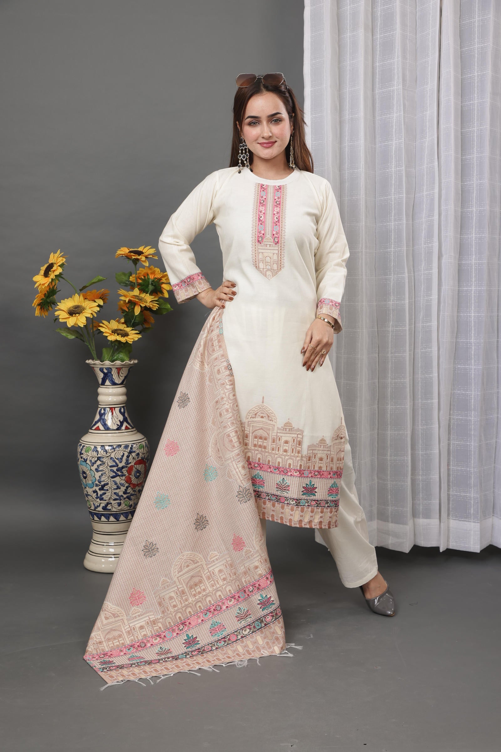 Kidar Ethnic Printed & Embordered Straight Kurta with Pant & Dupatta - WHITE