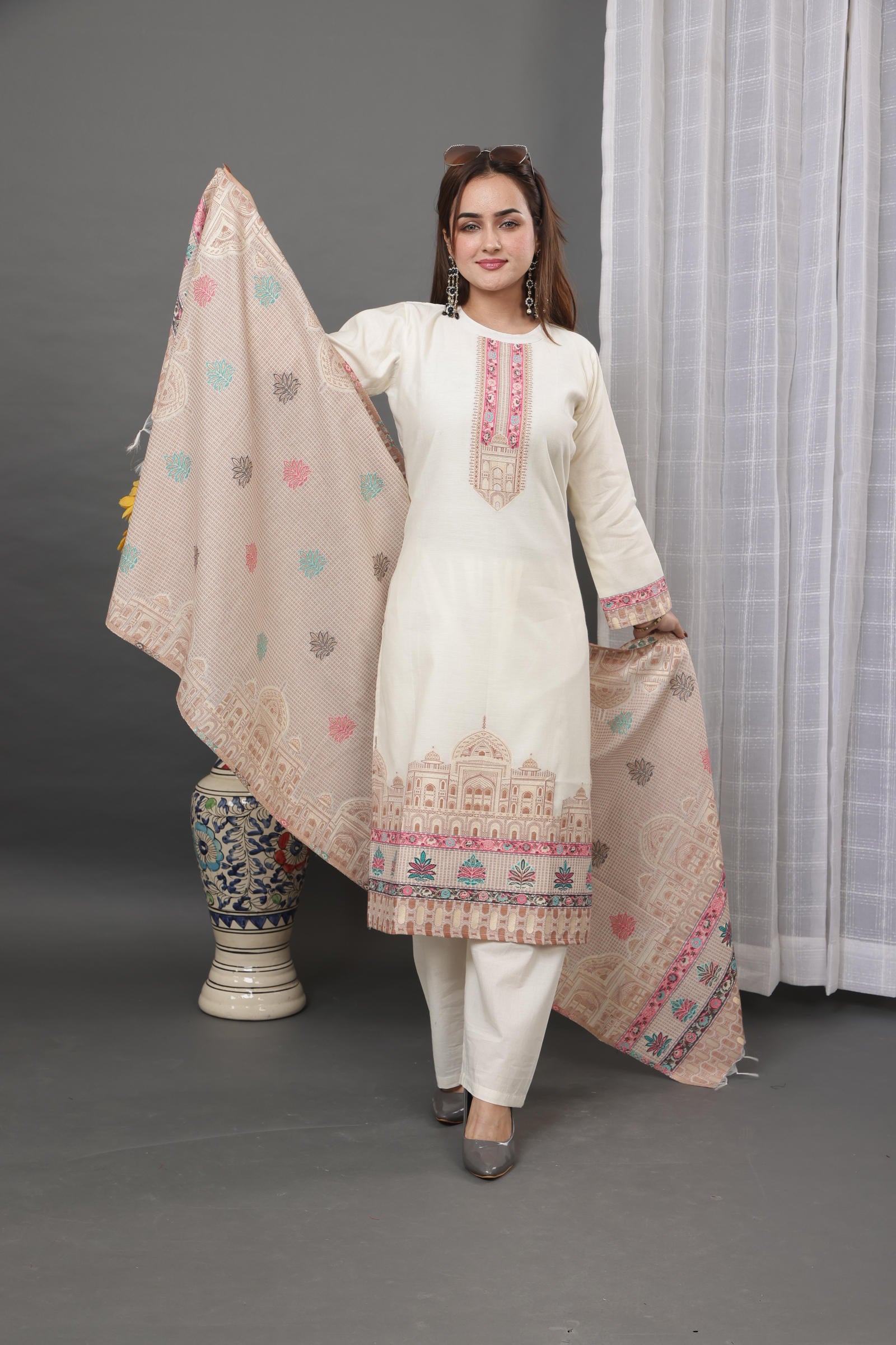 Kidar Ethnic Printed & Embordered Straight Kurta with Pant & Dupatta - WHITE