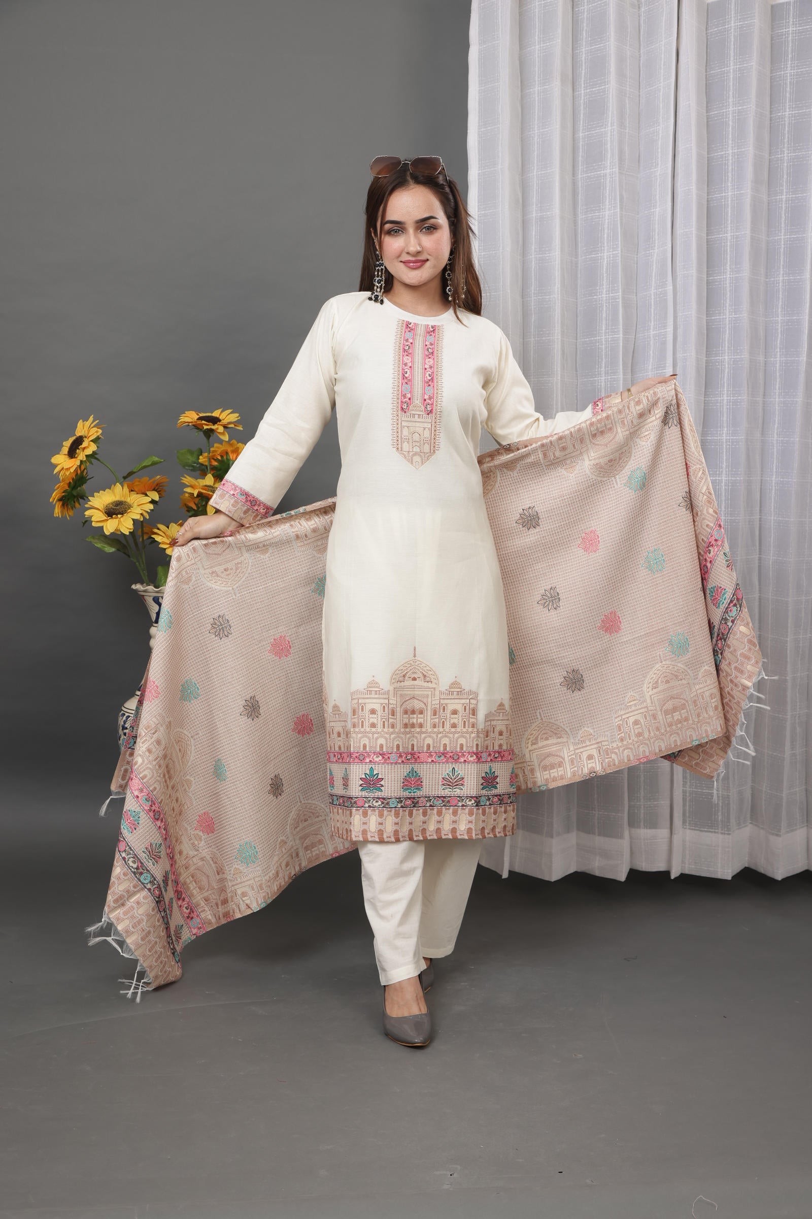 Kidar Ethnic Printed & Embordered Straight Kurta with Pant & Dupatta - WHITE