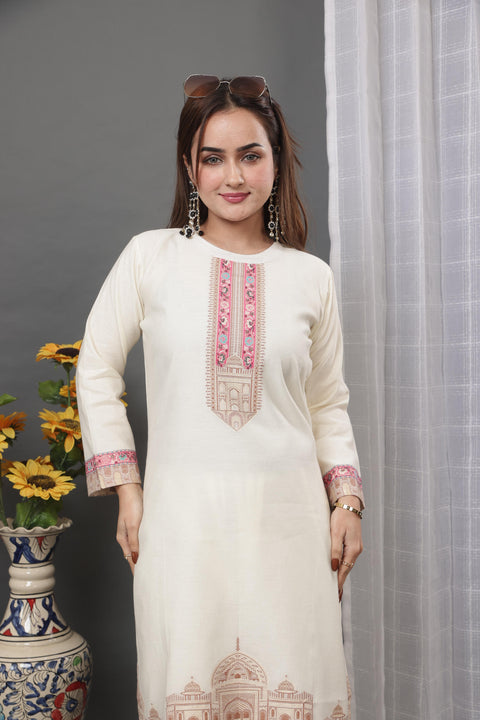 Kidar Ethnic Weave & Embordered Straight Kurta with Pant & Dupatta - WHITE