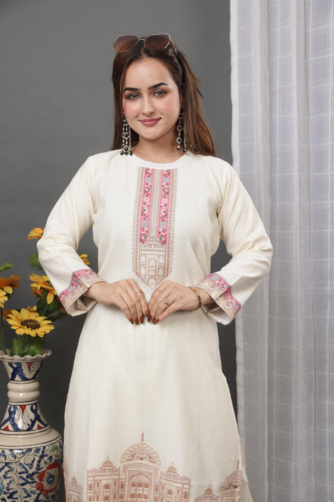 Kidar Ethnic Weave & Embordered Straight Kurta with Pant & Dupatta - WHITE