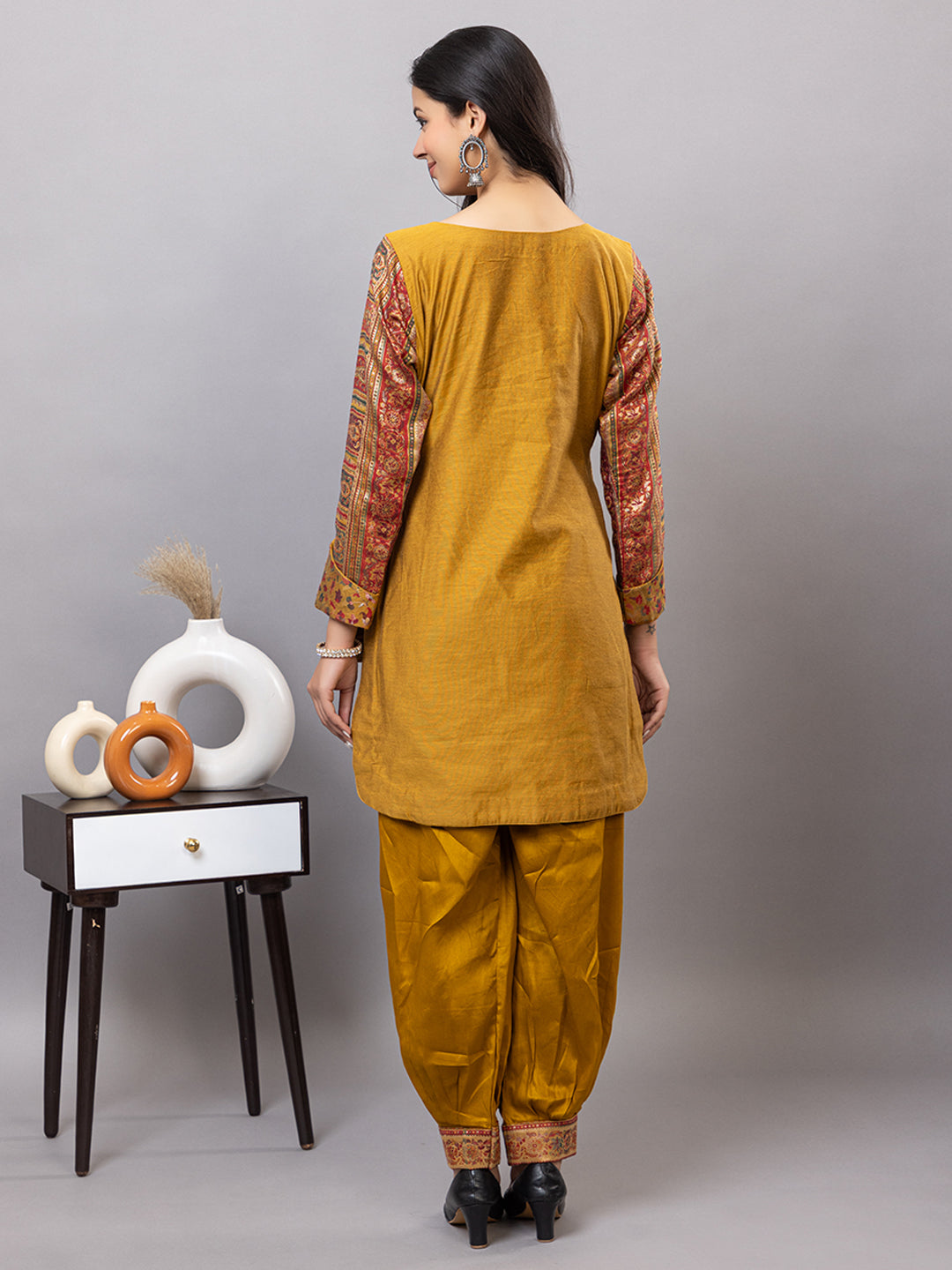 Mustard Yellow Co-Ord Set with Printed Yoke & Salwar