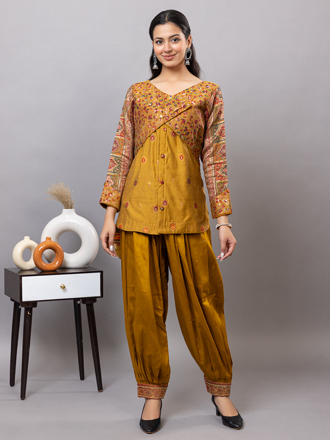 Mustard Yellow Co-Ord Set with Printed Yoke & Salwar