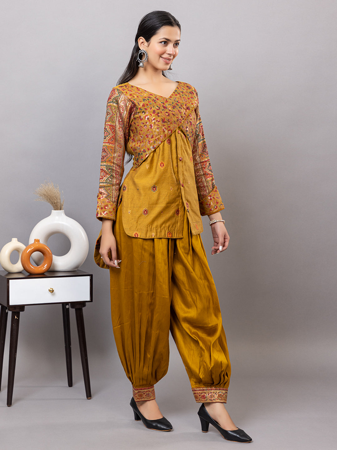 Mustard Yellow Co-Ord Set with Printed Yoke & Salwar