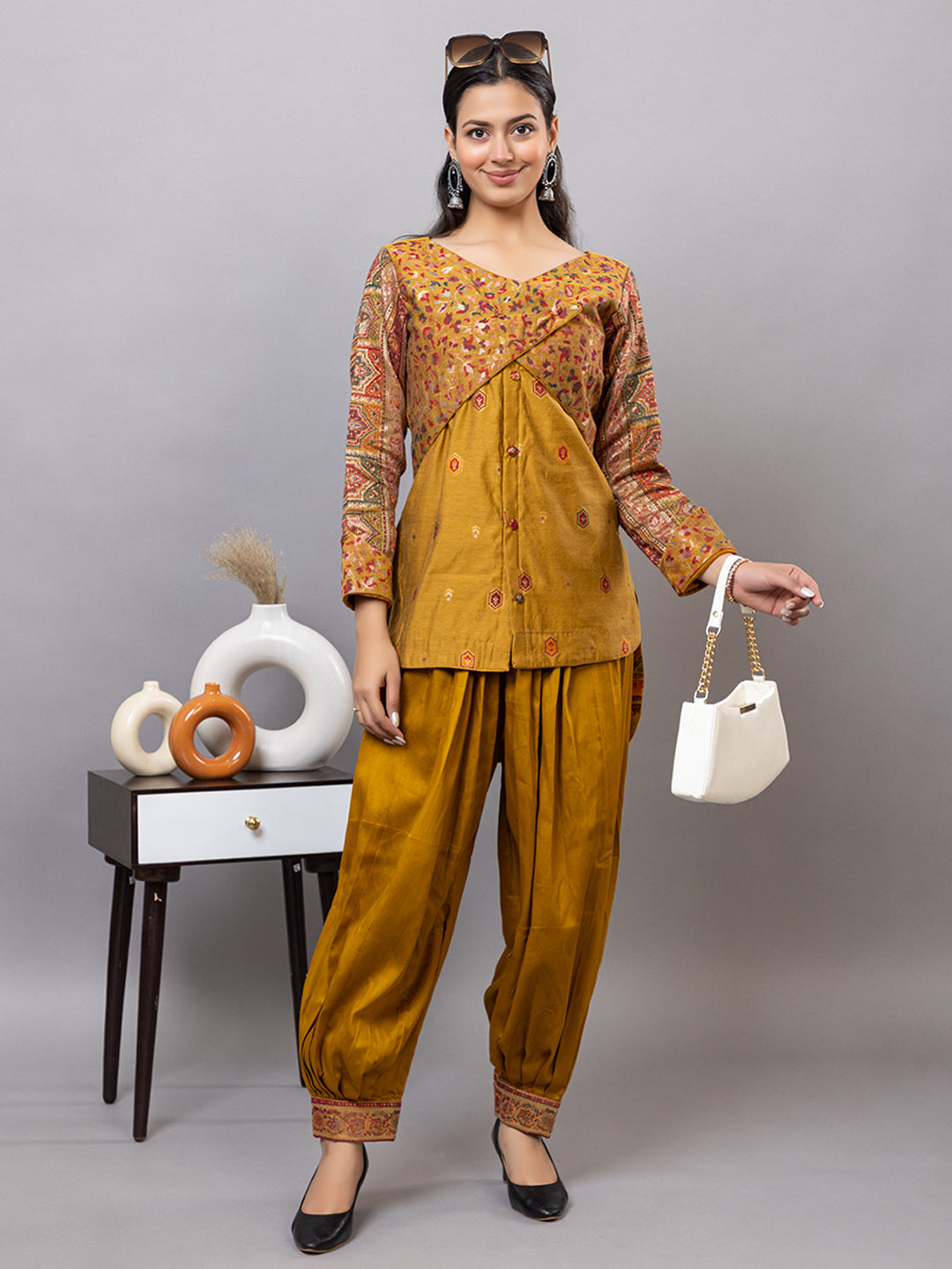 Mustard Yellow Co-Ord Set with Printed Yoke & Salwar