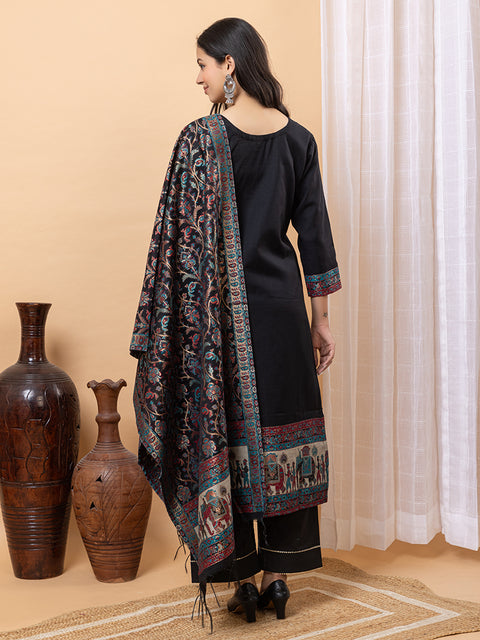 "Elegant Black Ethnic Ensemble with Intricate Embroidery and Festive Dupatta Design"