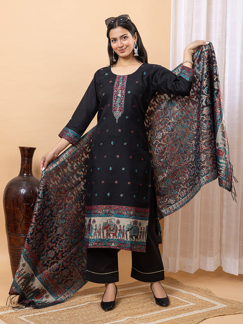 "Elegant Black Ethnic Ensemble with Intricate Embroidery and Festive Dupatta Design"