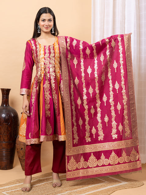 Kidar Multicolor Anarkali Suit Set in Cotton Silk