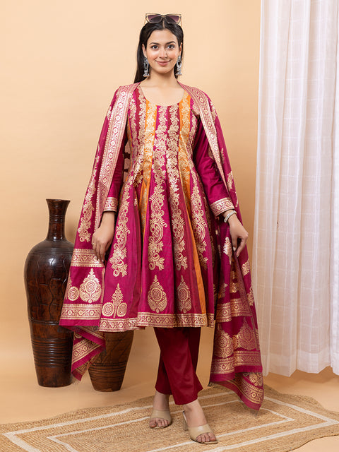 Kidar Multicolor Anarkali Suit Set in Cotton Silk