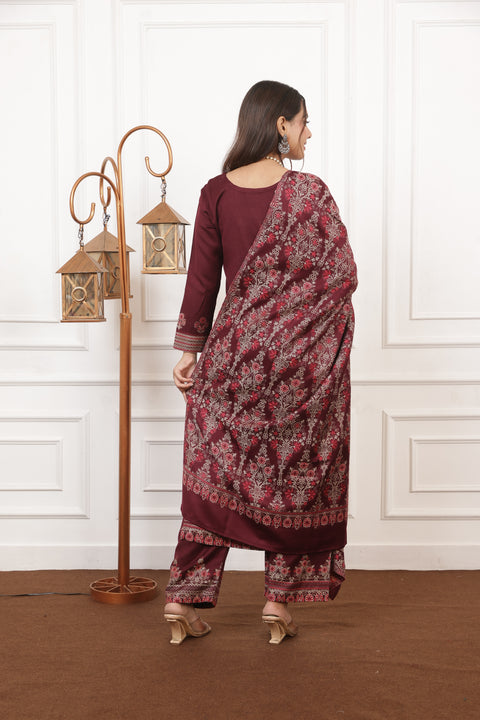 Elegant Maroon Woolen Embroidered Kurta Set with Matching Shawl