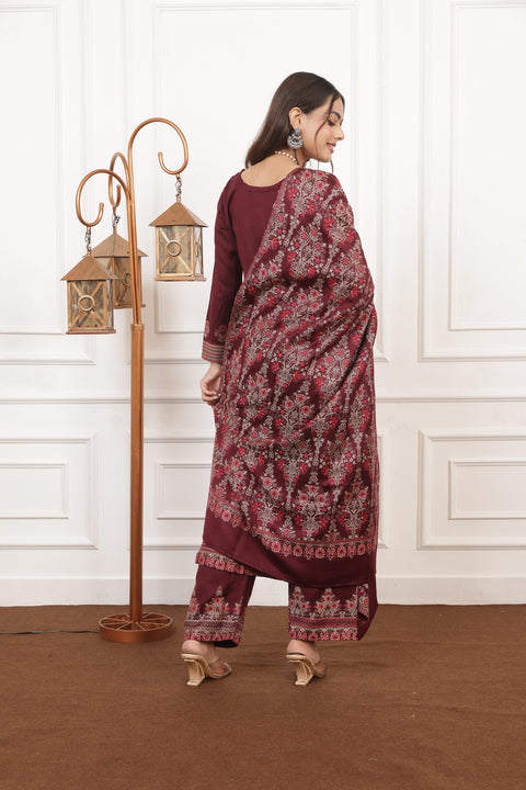 Elegant Maroon Woolen Embroidered Kurta Set with Matching Shawl
