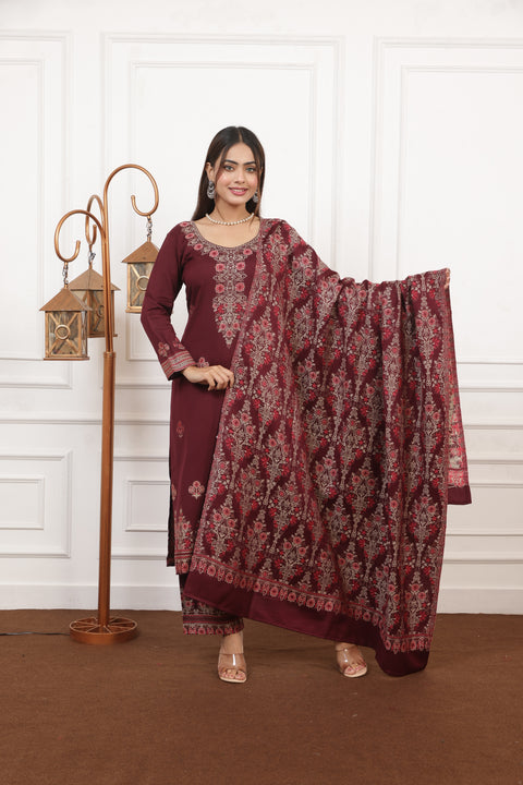 Elegant Maroon Woolen Embroidered Kurta Set with Matching Shawl
